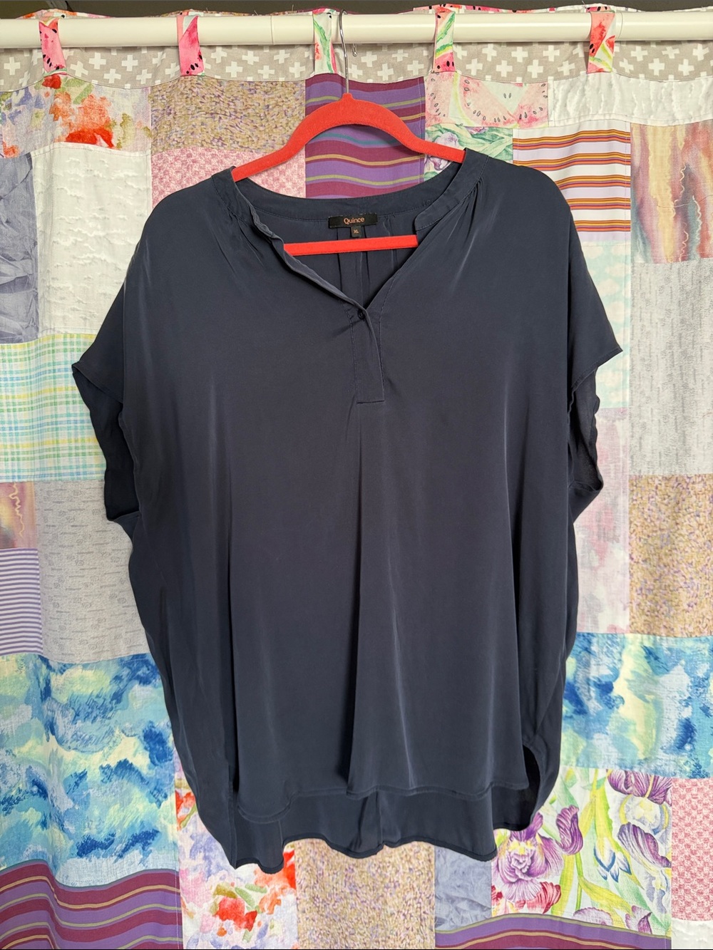 Quince Navy Short-Sleeve V-Neck Tunic Blouse